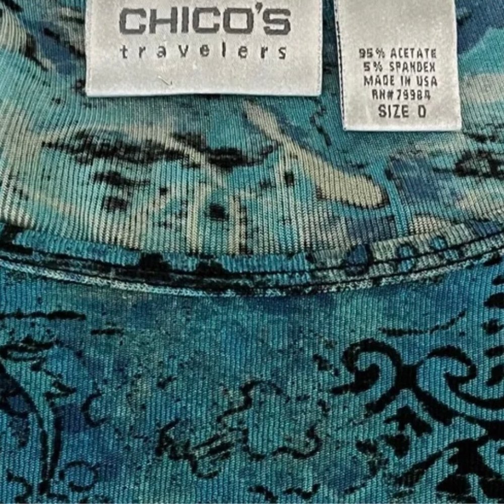 Chico's Travelers Pullover Turquoise Print Silky Stretchy Top Size M - Picture 7 of 10